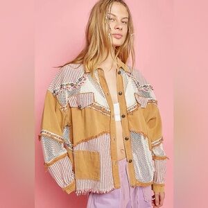 POL Women's Striped Patchwork Utility Jacket - Tan and Red